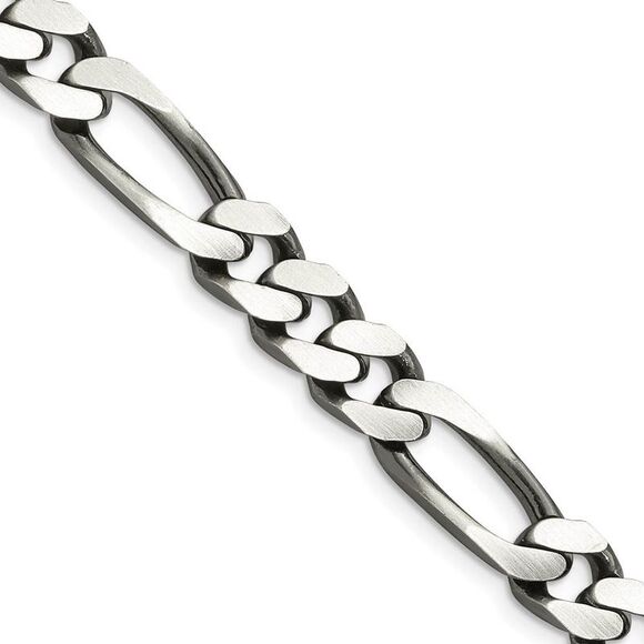 Mens 9mm Sterling Silver Solid Antiqued Figaro Chain Bracelet 9 Inch